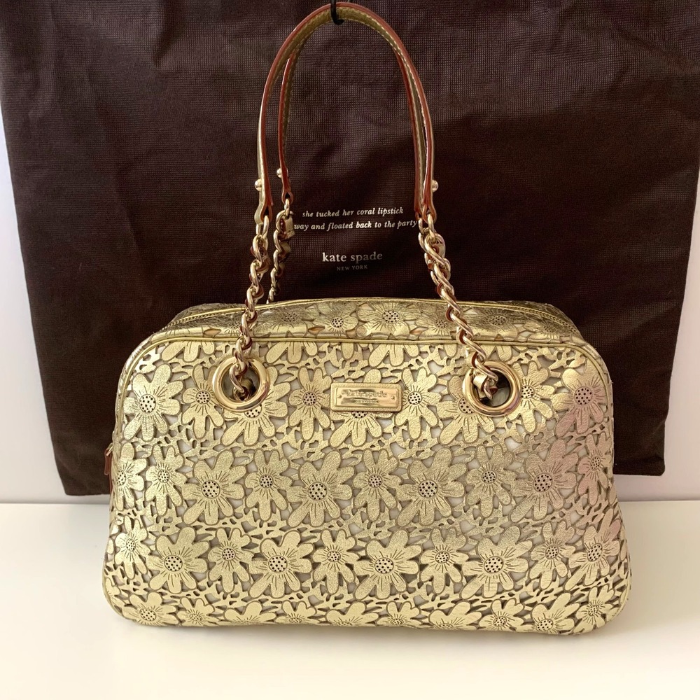 Kate Spade Garden Grove Lauralee Gold Leather Satchel NWOT Floral Laser Cut Bag
